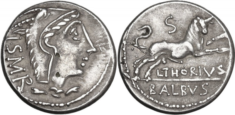 L. Thorius Balbus. Fourrèe Denarius, 105 BC. Obv. Head of Juno Sospita right, we...