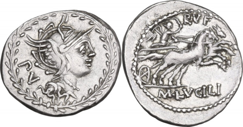 M. Lucilius Rufus. AR Denarius, 101 BC. Obv. Helmeted head of Roma right; behind...