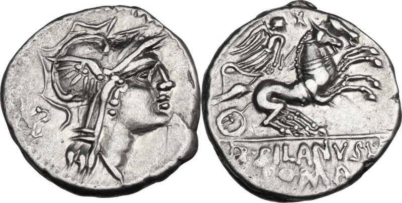 D. Silanus L.f. AR Denarius, 91 BC. Obv. Helmeted head of Roma right; behind, B....