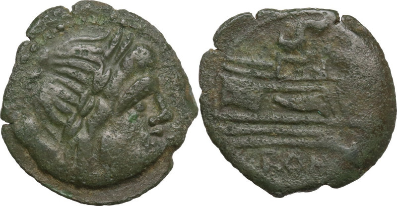 Anonymous. AE Semis, c. 91 BC. Unofficial issue. Obv. Laureate head of Saturn ri...