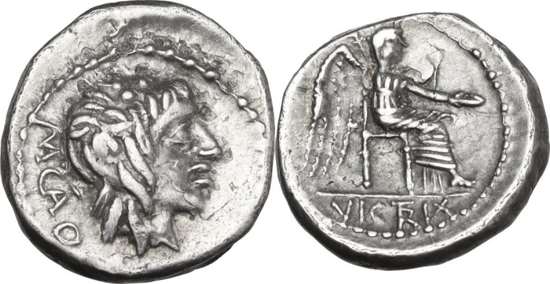 M. Cato. AR Quinarius, 89 BC. Obv. Head of Liber right, wearing ivy-wreath; behi...