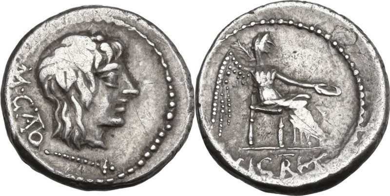 M. Cato. AR Quinarius, 89 BC. Obv. Head of Liber right, wearing ivy-wreath; behi...