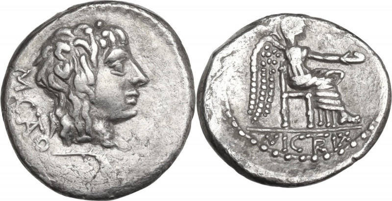 M. Cato. AR Quinarius, 89 BC. Obv. Head of Liber right, wearing ivy-wreath; behi...