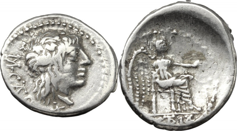 M. Cato. AR Quinarius, 89 BC. Obv. Head of Liber right, wearing ivy-wreath. Rev....