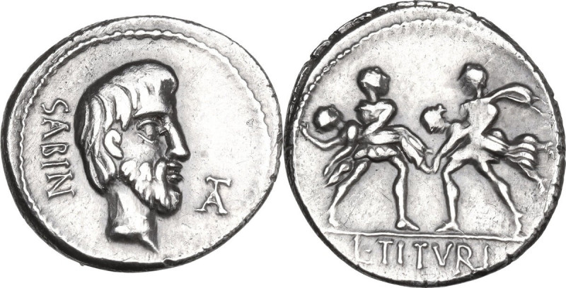 L. Titurius L. f. Sabinus. AR Denarius, 89 BC. Obv. Bearded head of King Tatius ...