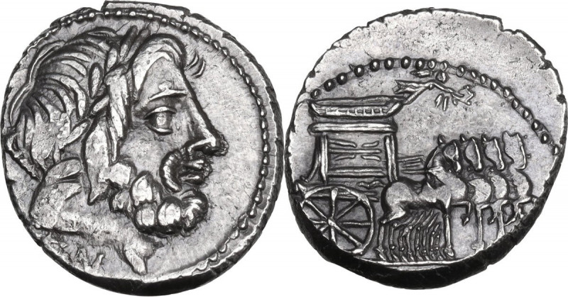 L. Rubrius Dossenus. AR Denarius, 87 BC. Obv. DOSSEN. Laureate head of Jupiter r...