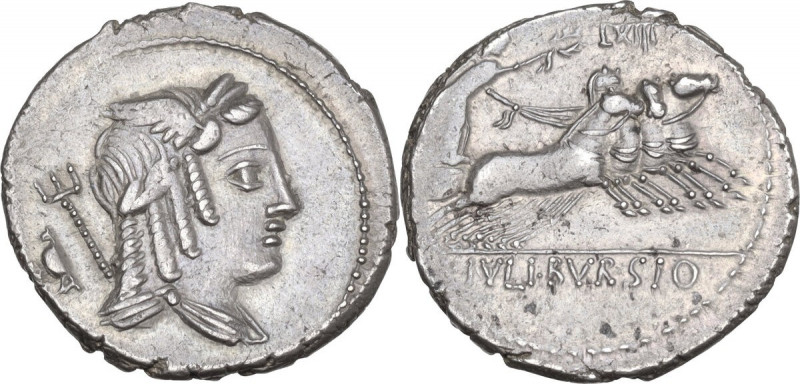 L. Julius Bursio. AR Denarius, 85 BC. Obv. Male head right, with the attributes ...