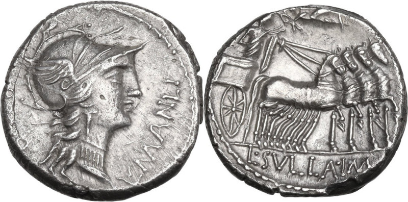 L. Manlius Torquatus. AR Denarius, mint moving with Sulla, 82 BC. Obv. Helmeted ...