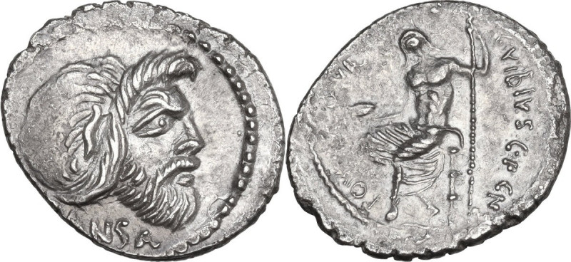 C. Vibius C. f. Pansa Caetronianus. AR Denarius, 48 BC. Obv. Mask of bearded Pan...