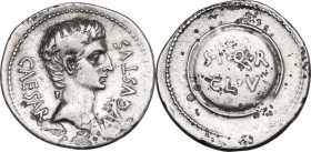Augustus (27 BC - 14 AD). AR Denarius. Spanish mint (Emerita?). Struck 19-18 BC. Obv. CAESAR AVGVSTVS. Bare head right. Rev. Round shield inscribed S ...
