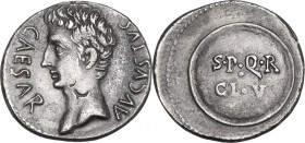 Augustus (27 BC - 14 AD). AR Denarius. Uncertain Spanish mint (Colonia Patricia?), c. 19 BC. Obv. CAESAR AVGVSTVS. Bare head left. Rev. Round shield i...