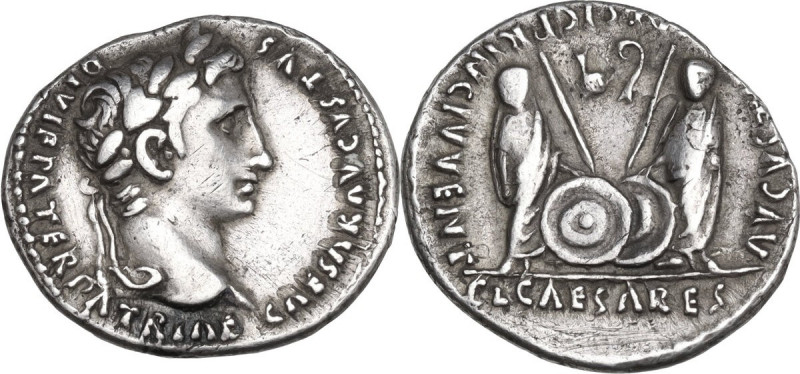 Augustus (27 BC - 14 AD). AR Denarius, Lugdunum mint, c. 2 BC-4 AD. Obv. CAESAR ...