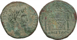 Augustus (27 BC - 14 AD) . AE As. Lugdunum (Lyon) mint. Struck circa 10-7 BC. Obv. CAESAR PONT MAX. Laureate head right. Rev. Front elevation of the A...
