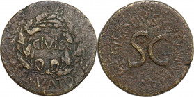 Augustus (27 BC - 14 AD). AE Sestertius, C. Plotius Rufus moneyer, 15 BC. Obv. CIVIS in oak-wreath flanked by two laurel-branches; above and below, OB...