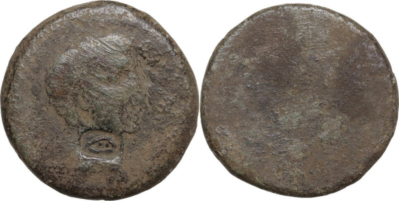 Augustus (27 BC - 14 AD). Uncertain host coin, AE 22mm. countermarked. Obv. Bare...