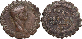 Claudius (41-54). AE Sestertius, Rome mint, 42-43 AD. 'Serratus'. Obv. T CLAVDIVS CAESAR AVG PM TR P IMP PP. Laureate head right. Rev. EX SC /P P/ OB ...