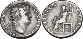 Nero (54-68). AR Denarius, 64-65 AD. Obv. NERO CAESAR AVGVSTVS. Laureate head right. Rev. IVPPITER CVSTOS. Jupiter, bare to waist, seated left on thro...