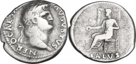 Nero (54-68). AR Denarius, 64-65 AD. Obv. NERO CAESAR AVGVSTVS. Laureate head right. Rev. SALVS. Salus seated left on throne, holding patera. RIC I (2...