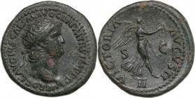 Nero (54-68). AE Dupondius, Rome mint. Obv. NERO CLAVDIVS CAESAR AVG GERM P M TR P IMP P P. Radiate head right. Rev. VICTORIA AVGVSTI / II / S - C. Vi...