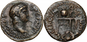 Nero (54-68). AE Semis, 64 AD. Obv. NERO CAES AVG IMP. Laureate head right. Rev. CER QVINQ ROM CON SC. Table bearing urn and wreath; on front of left ...
