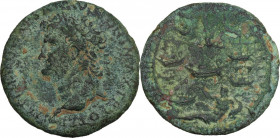 Nero (54-68). AE Sestertius, Lugdunum mint, 66 AD. Obv. IMP NERO CAESAR AVG PONT MAX TR POT P P. Laureate head left, with globe at point of bust. Rev....
