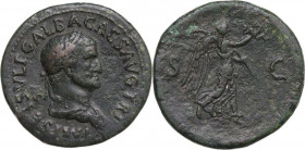 Galba (68-69). AE Sestertius. Rome mint, late summer 68 AD. Obv. IMP SER SVLP GALBA CAES AVG TR P. Laureate and draped bust right. Rev. S-C. Victory a...