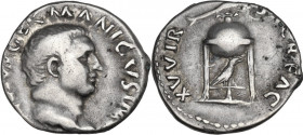 Vitellius (69 AD). AR Denarius. Rome mint. Struck late April-20 December 69 AD. Obv. A VITELLIVS GERMANICVS IMP. Bare head right. Rev. XV VIR SACR FAC...