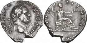 Vespasian (69-79). AR Denarius, 73 AD. Obv. IMP CAES VESP AVG CENS. Laureate head right. Rev. PONTIF MAXIM. Vespasian seated right, holding sceptre an...