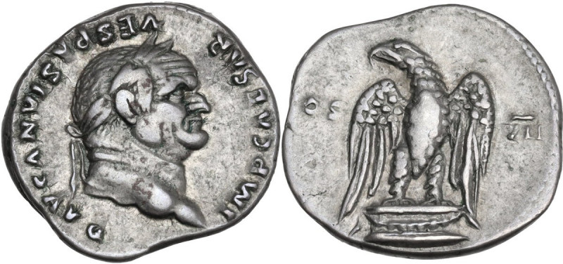 Vespasian (69 -79). AR Denarius, 76 AD. Obv. IMP CAESAR VESPASIANVS AVG. Laureat...