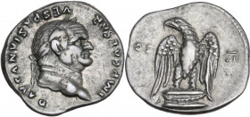 Vespasian (69 -79). AR Denarius, 76 AD. Obv. IMP CAESAR VESPASIANVS AVG. Laureate head right. Rev. COS - VII across field, eagle standing facing, head...