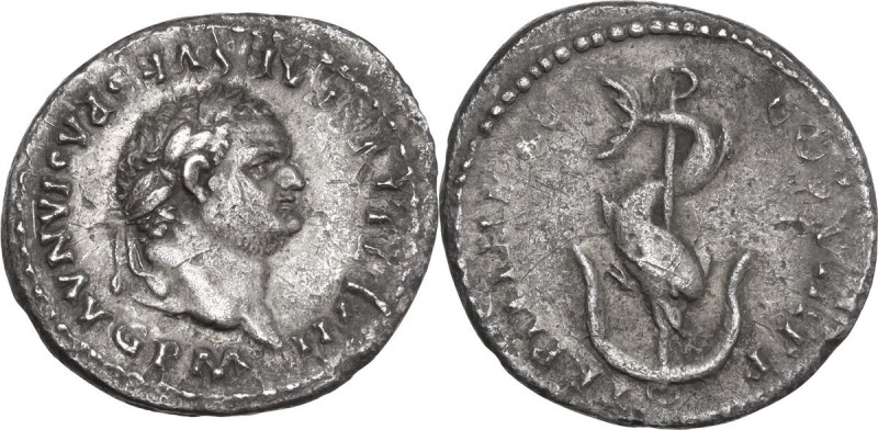 Titus (79-81). AR Denarius, 80 AD. Obv. IMP TITVS CAES VESPASIAN AVG P M. Laurea...