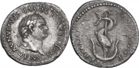 Titus (79-81). AR Denarius, 80 AD. Obv. IMP TITVS CAES VESPASIAN AVG P M. Laureate bust right. Rev. TR P IX IMP XV COS VIII P P. Dolphin coiled round ...