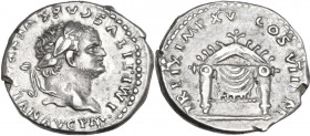 Titus (79-81). AR Denarius. Struck 1 January-30 June AD 80. Obv. IMP TITVS CAES VESPASIAN AVG P M. Laureate head right. Rev. TRP IX IMP XV COS VIII P ...