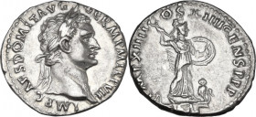 Domitian (81-96). AR Denarius, 88 AD. Obv. IMP CAES DOMIT AVG GERM PM TR P VII. Laureate head right. Rev. IMP XIIII COS XIIII CENS PPP. Minerva standi...