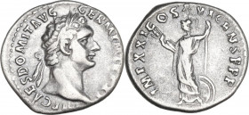 Domitian (81-96). AR Denarius, 92 AD. Obv. IMP CAES DOMIT AVG GERM PM TR P XI. Laureate head right. Rev. IMP XXI COS XVI CENS PPP. Minerva standing le...