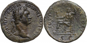 Domitian (81-96). AE Sestertius, 92-94. Obv. IMP CAES DOMIT AVG GERM COS XVI CENS PER P P. Laureate bust right. Rev. IOVI VICTORI SC (in exergue). Jup...