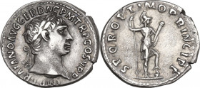 Trajan (98-117). AR Denarius, 104-107. Obv. IMP TRAIANO AVG GER DAC PM TR P COS V P P. Laureate head right, with drapery on far shoulder. Rev. S P Q R...