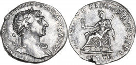 Trajan (98-117). AR Denarius, 112-114 AD. Obv. IMP TRAIANO AVG GER DAC P M TR P COS VI PP. Laureate bust right, with drapery on far shoulder. Rev. S P...