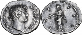 Hadrian (117-138). AR Denarius, Rome mint. Obv. HADRIANVS AVGVSTVS. Laureate bust right, slight drapery on far shoulder. Rev. COS III. Libertas standi...