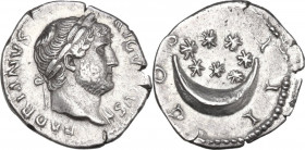 Hadrian (117-138). AR Denarius, 125-128. Obv. HADRIANVS AVGVSTVS. Laureate bust right. Rev. COS III. Crescent and seven stars. RIC II 202. AR. 3.02 g....