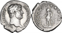 Hadrian (117-138). AR Denarius, 134-138 AD. Obv. HADRIANVS AVG COS III PP. Bare head right. Rev. TELLVS STABIL. Tellus standing left, holding plough a...
