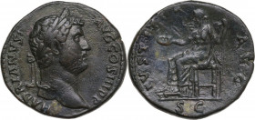 Hadrian (117-138). AE Sestertius, Rome mint, 136 AD. Obv. HADRIANVS AVG COS III P P, Laureate head right. Rev. IVSTITIA AVG SC. Justitia seated left, ...