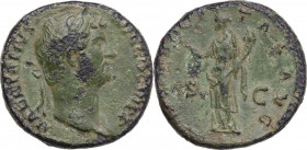 Hadrian (117-138). AE As, 134-138. Obv. HADRIANVS AVG COS III PP. Laureate head right. Rev. FELICITAS AVG S C. Felicitas standing left, holding branch...