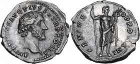 Antoninus Pius (138-161). AR Denarius, Rome mint. Obv. ANTONINVS AVG PIVS P P TR P COS III. Bare head right. Rev. GENIVS POP ROMANI. Genius standing f...