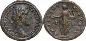 Antoninus Pius (138-161). AE Sestertius, 141-143. Obv. ANTONINVS AVG PIVS PP TR P COS III. Laureate head right. Rev. APOLLINI AVGVSTO SC. Apollo stand...
