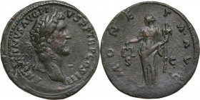 Antoninus Pius (138-161). AE Sestertius, 141-143. Obv. ANTONINVS AVG PIVS PP TR P COS III. Laureate head right. Rev. MONETA AVG SC. Moneta standing le...