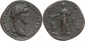 Antoninus Pius (138-161). AE Sestertius, 141-143. Obv. ANTONINVS AVG PIVS PP TR P COS III. Laureate head right. Rev. SALVS AVG SC. Salus standing left...