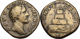 Divus Antoninus Pius (died 161 AD). AE Sestertius, struck under Marcus Aurelius. Obv. DIVVS ANTONINVS. Bare head right. Rev. CONSECRATIO SC. Pyre of f...