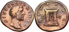 Divus Antoninus Pius (died 161 AD). AE Sestertius, struck under Marcus Aurelius. Obv. DIVVS ANTONINVS. Bare head right. Rev. DIVO PIO SC. Square altar...