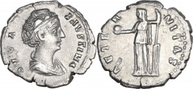 Diva Faustina I (died 141 AD). AR Denarius, 141 AD. Obv. DIVA FAVSTINA. Draped bust right. Rev. AETERNITAS. Aeternitas standing left, holding globe an...